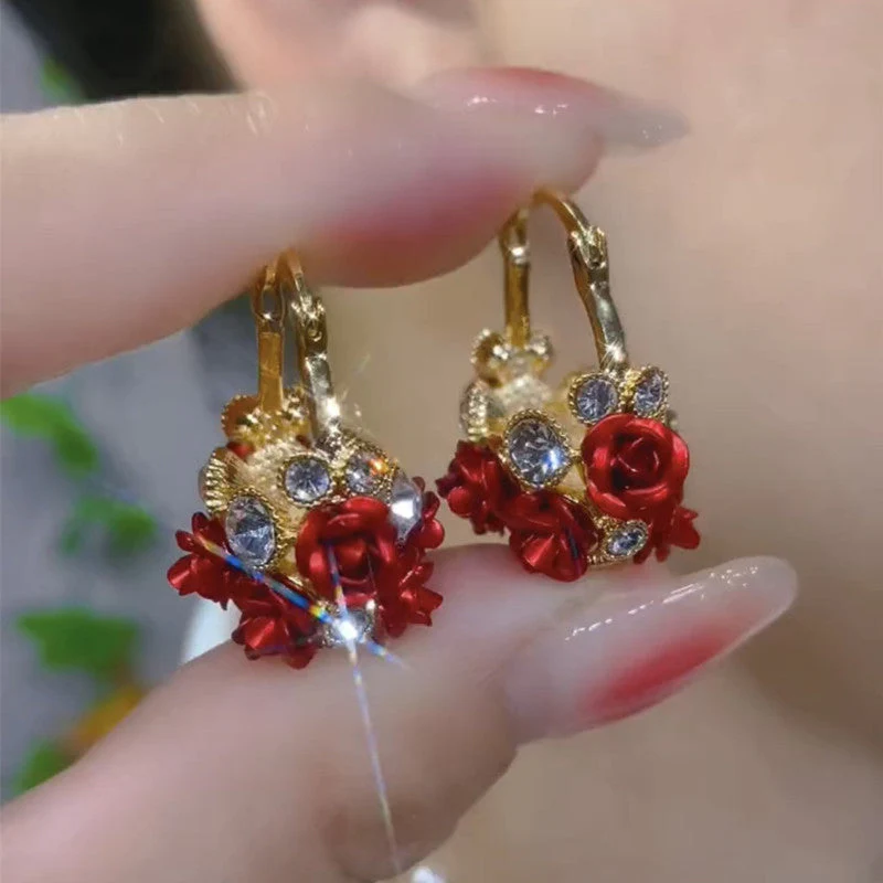 Blossoming Flower Basket Red Rose Earrings - Image 3