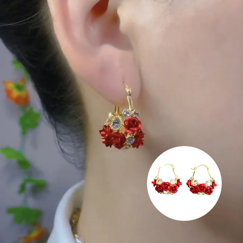 Blossoming Flower Basket Red Rose Earrings - Image 9