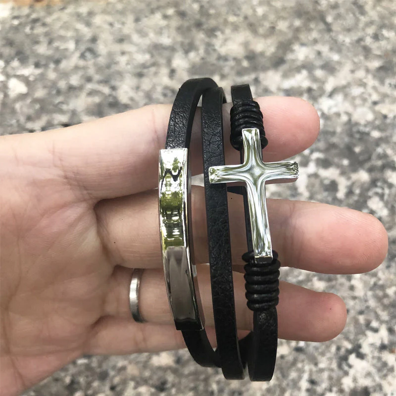 Cross gevlochten meerlagige lederen armband - Image 4