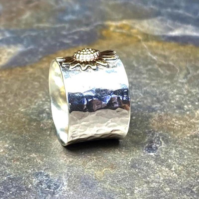 Golden Sunflower Wide Band Silver Ring - Image 3
