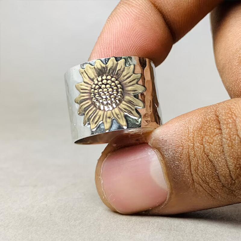 Golden Sunflower Wide Band Silver Ring - Image 7