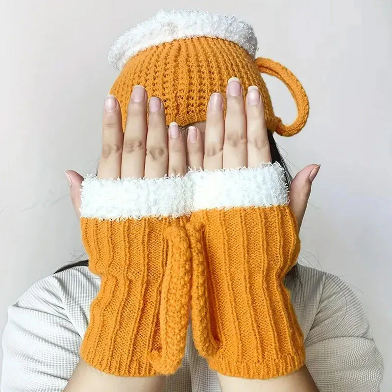 Grappige biermok gebreide handschoen sok muts set - Image 2