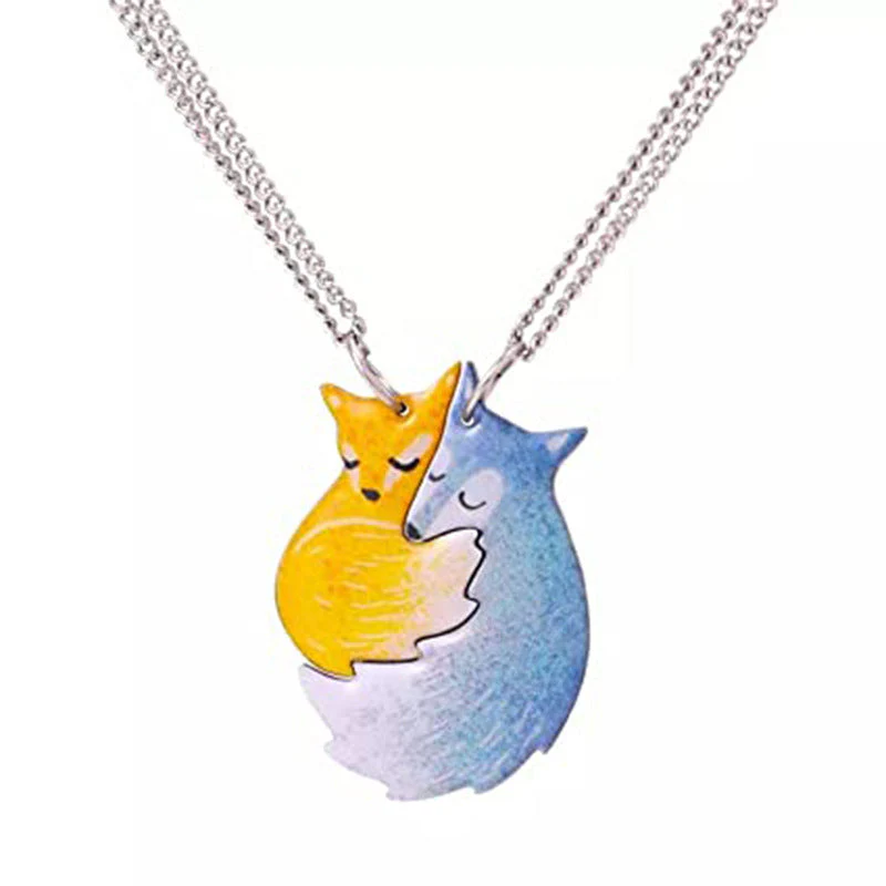 Hand-painted Fox and Wolf Couple Hug Necklace - Image 10