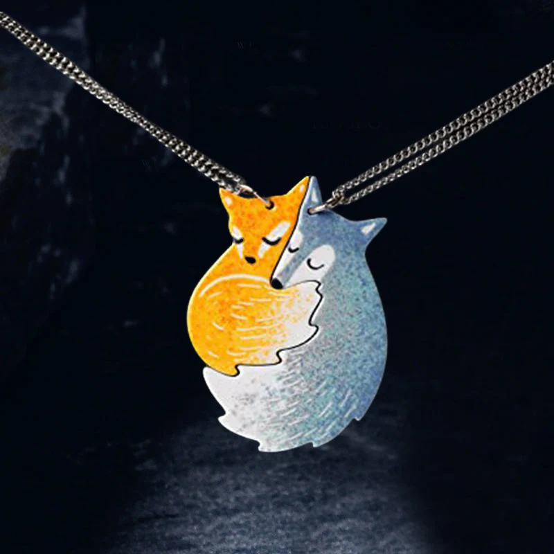 Hand-painted Fox and Wolf Couple Hug Necklace - Image 2