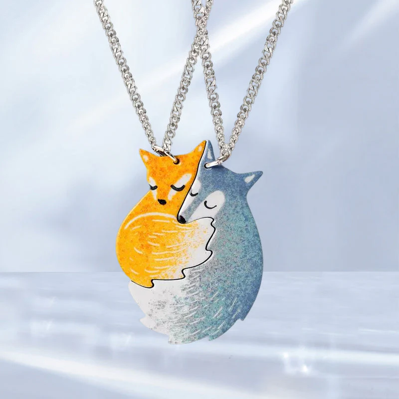 Hand-painted Fox and Wolf Couple Hug Necklace - Image 5
