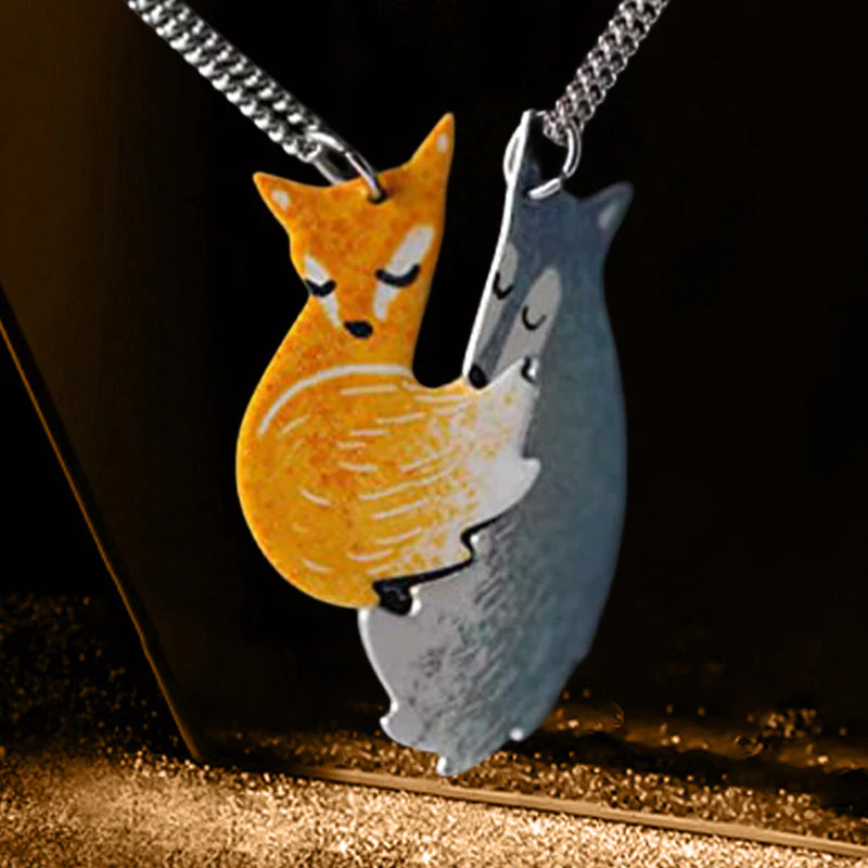 Hand-painted Fox and Wolf Couple Hug Necklace - Image 6