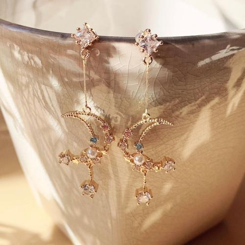 Night Sky Moon And Star Pearl Dangle Drop Oorbellen - Image 2
