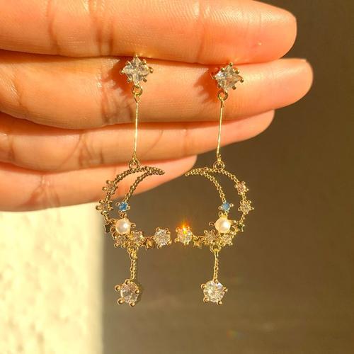 Night Sky Moon And Star Pearl Dangle Drop Oorbellen - Image 5