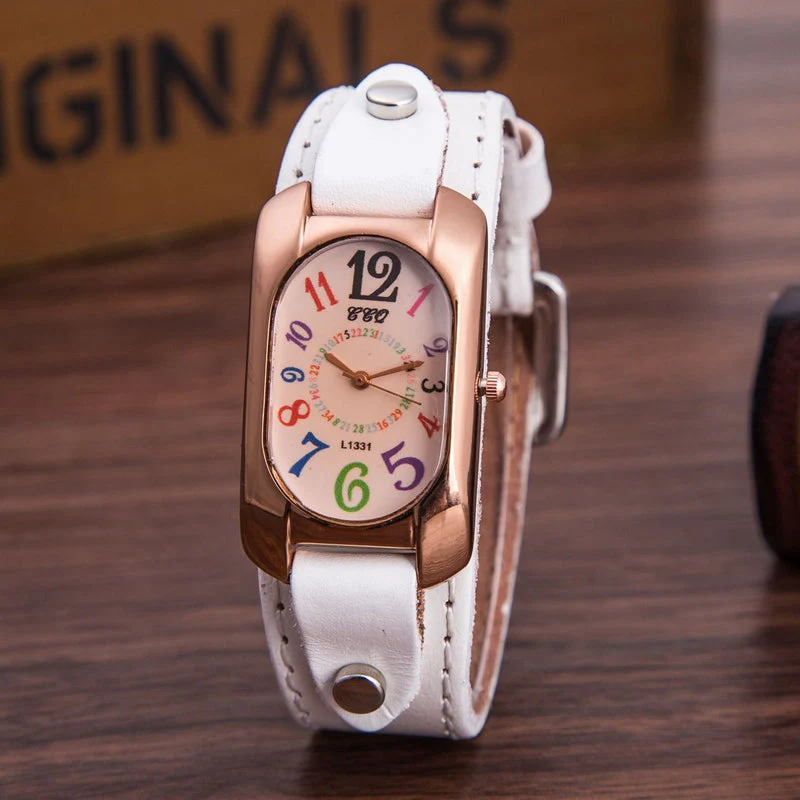Vintage lederen quartz stenen dameshorloge - Image 2