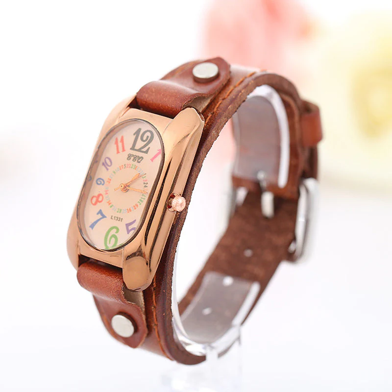 Vintage lederen quartz stenen dameshorloge - Image 8